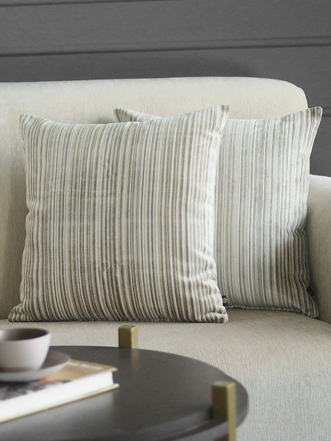 

GM Cream-Coloured Set of 2 Striped Velvet Square Cushion Covers