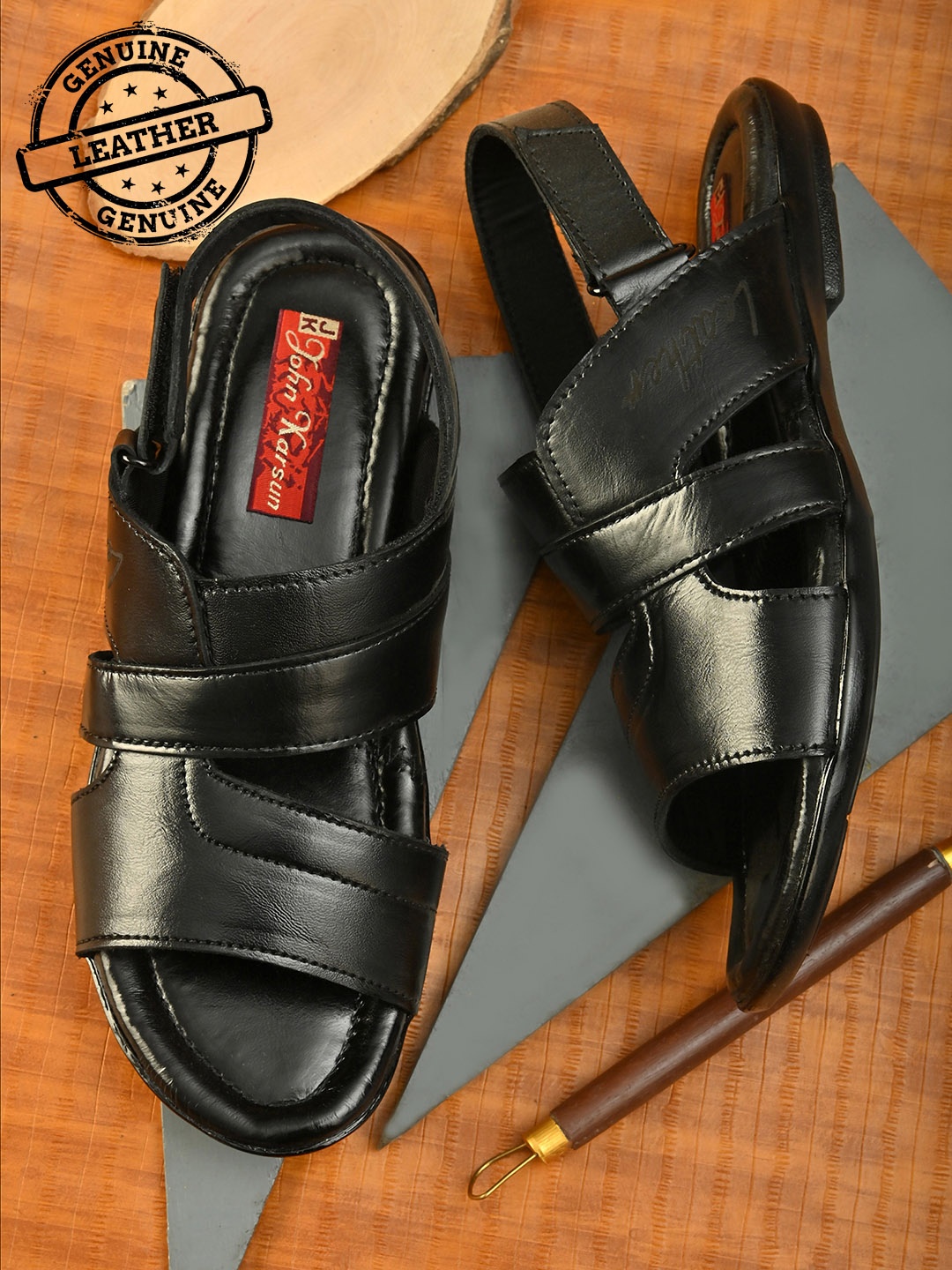 

John Karsun Men Black Leather Sandals