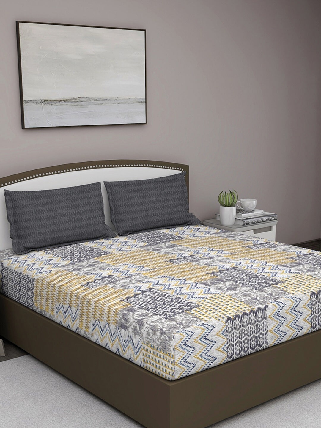 

GM Grey & Beige Abstract 180 TC Cotton 1 Super Queen Bedsheet with 2 Pillow Covers