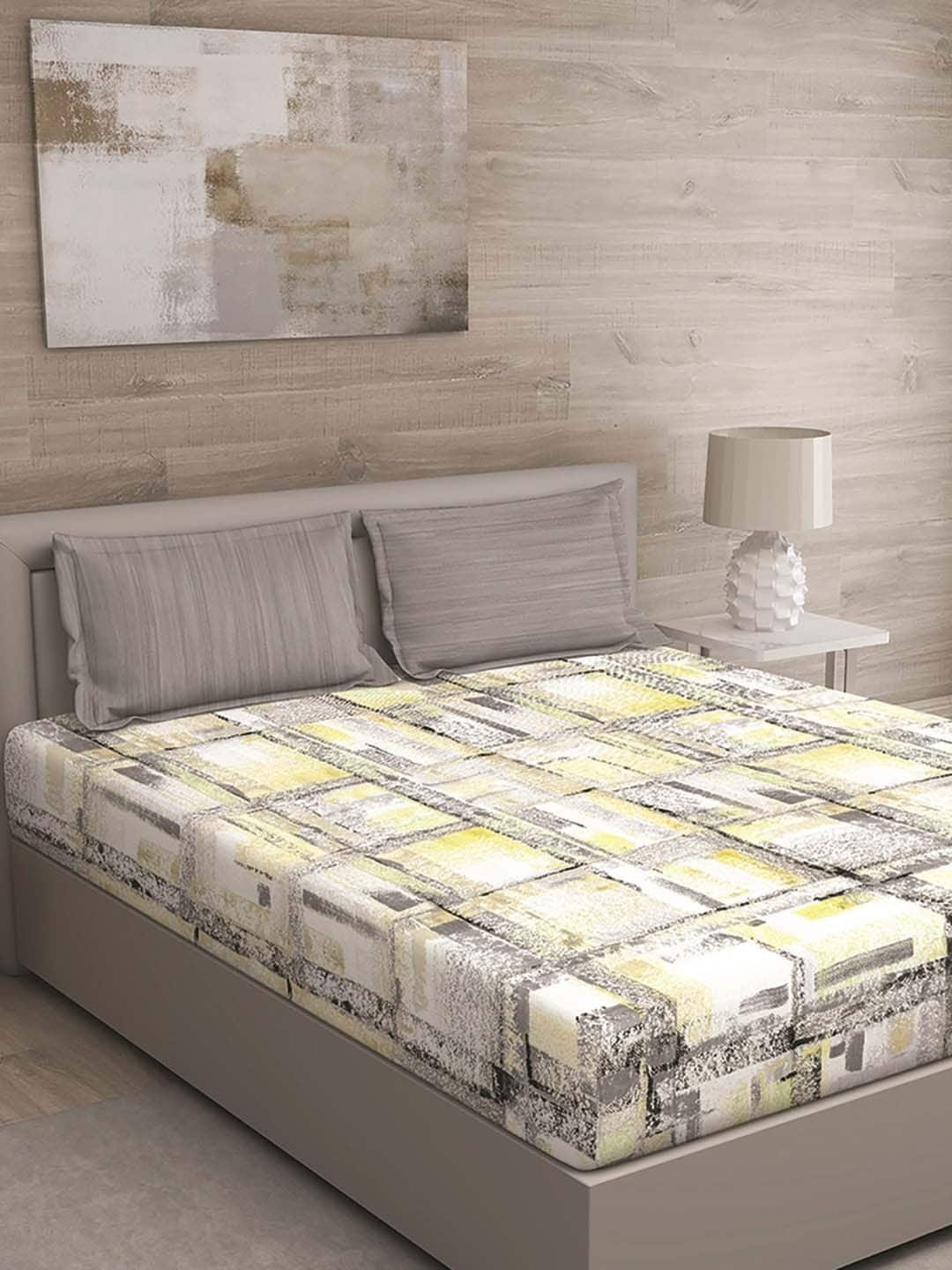 

GM Yellow & Grey Abstract 144 TC Cotton 1 Super Queen Bedsheet with 2 Pillow Covers