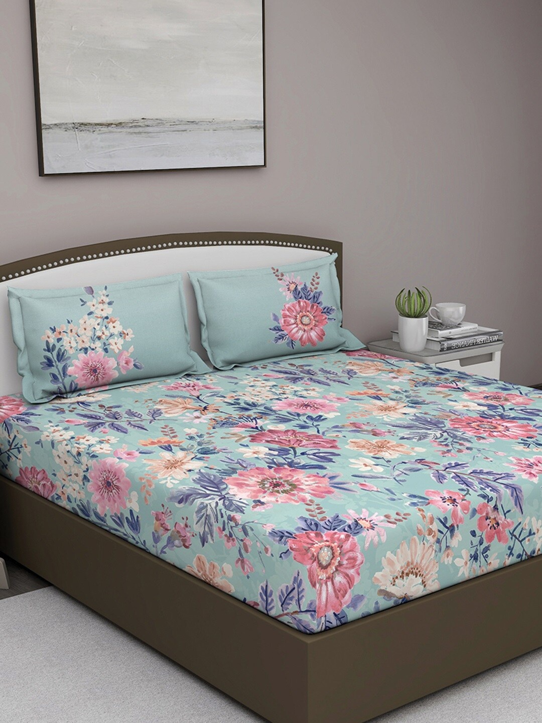 

GM Blue Floral 180 TC Cotton 1 Super Queen Bedsheet with 2 Pillow Covers
