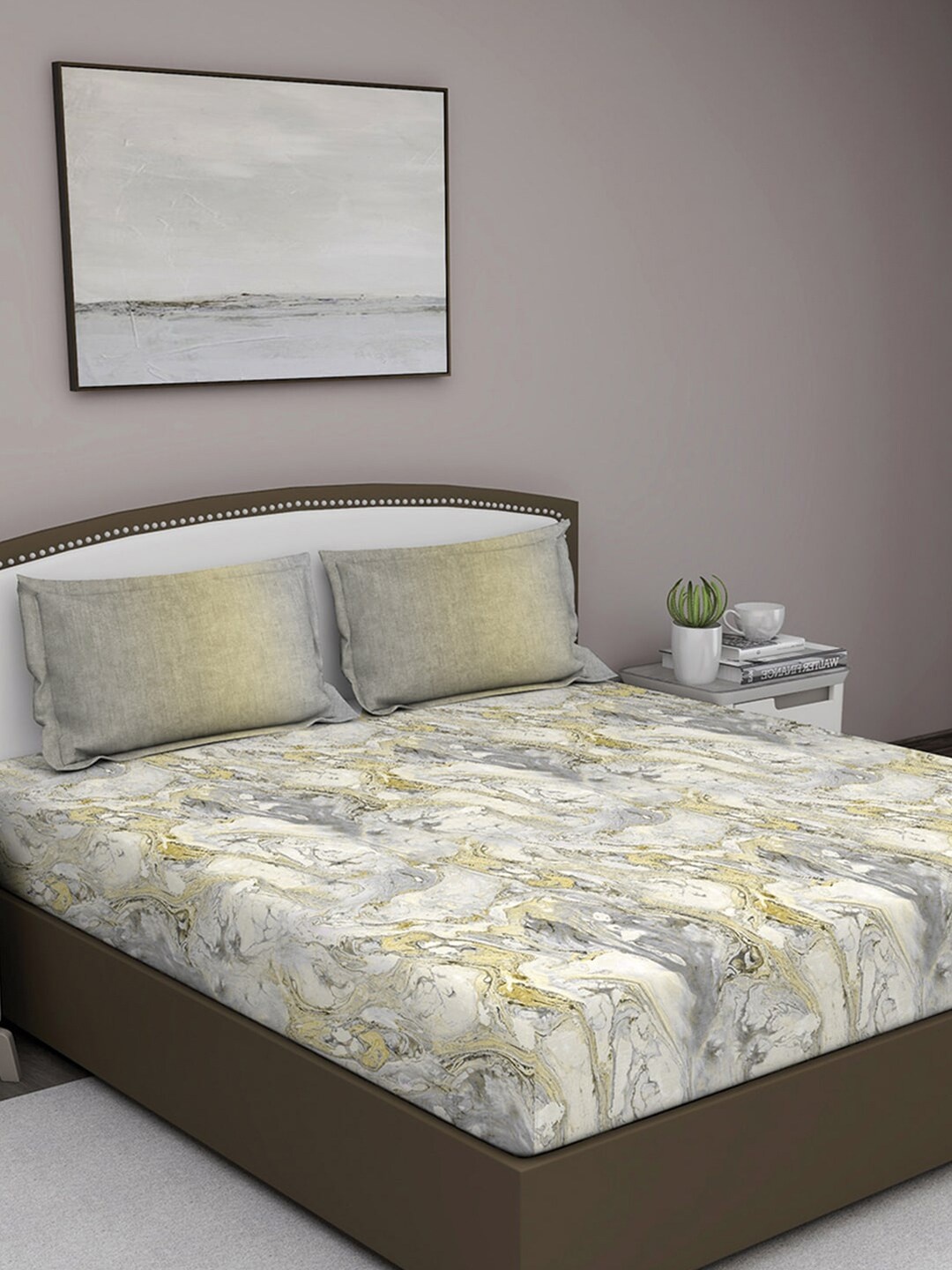 

GM Grey & Yellow Abstract 180 TC Cotton 1 Super Queen Bedsheet with 2 Pillow Covers