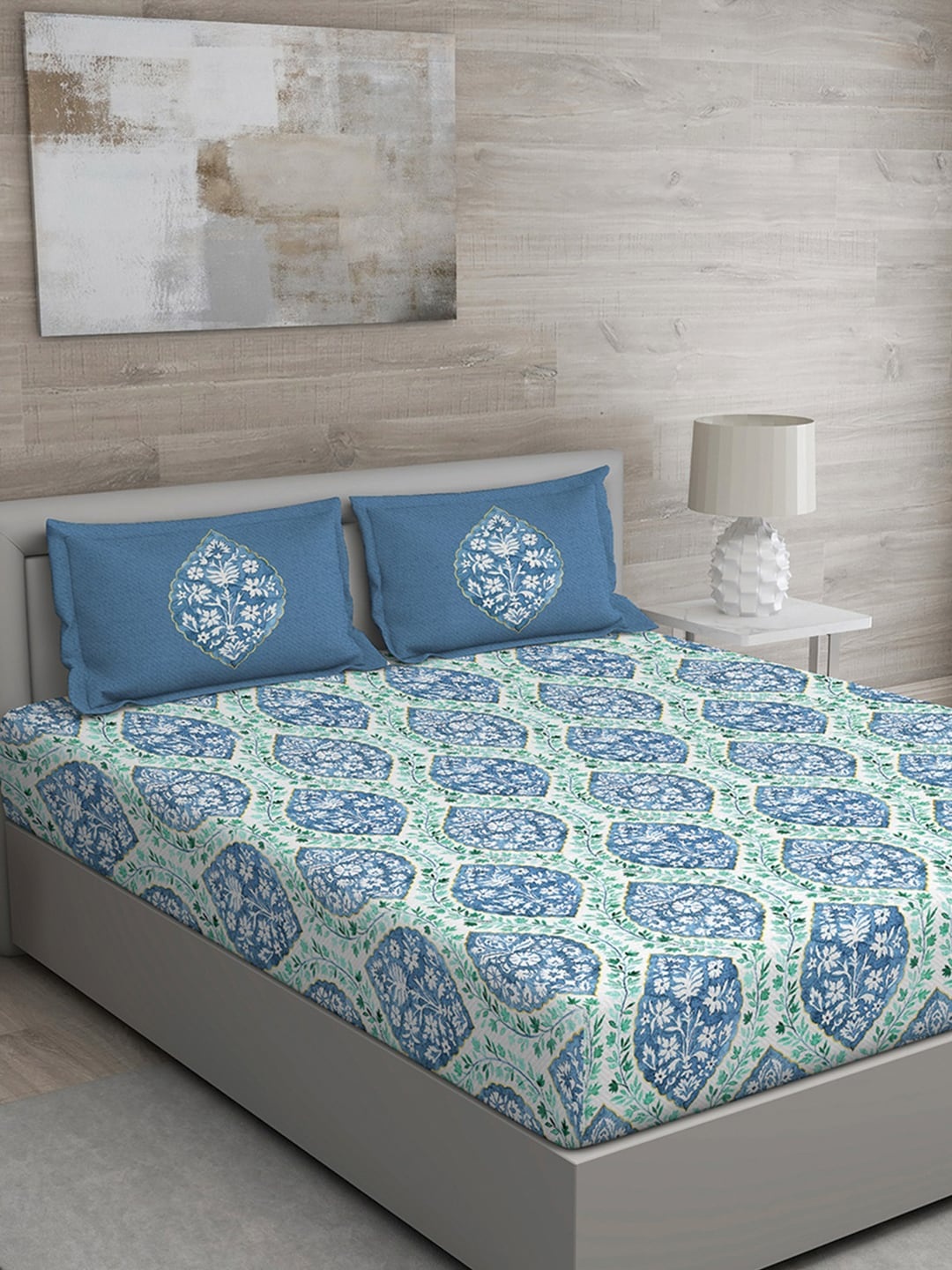 

GM Blue Ethnic Motifs 150 TC Cotton 1 Super Queen Bedsheet with 2 Pillow Covers