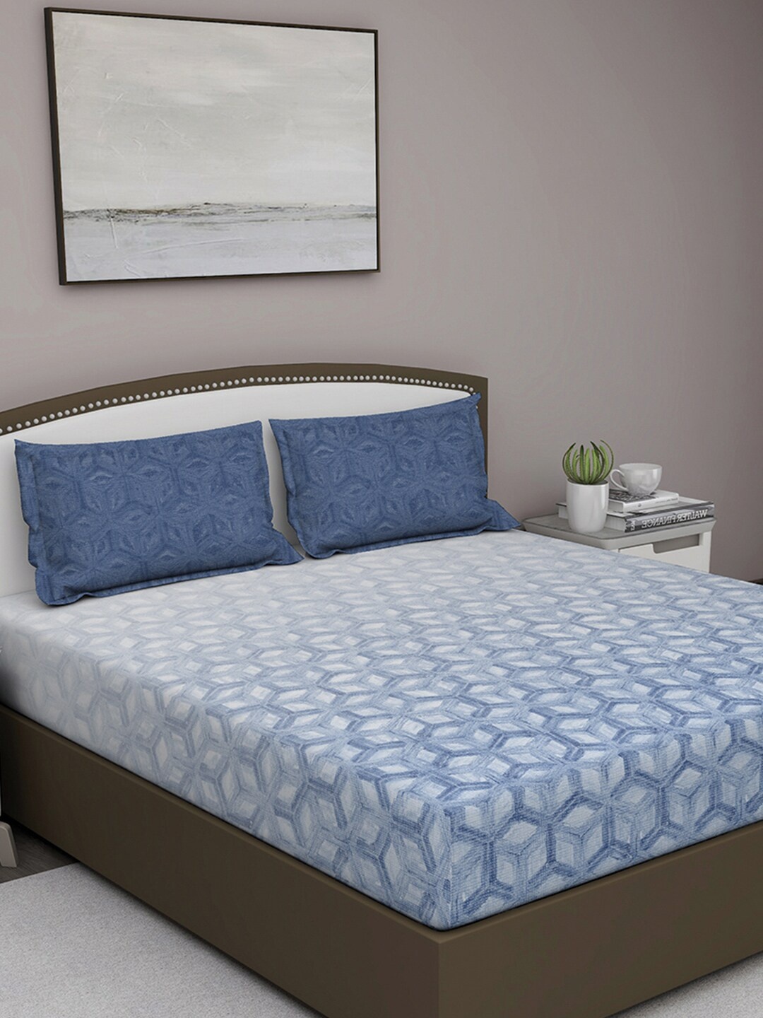 

GM Blue Geometric 180 TC Cotton 1 Super Queen Bedsheet with 2 Pillow Covers