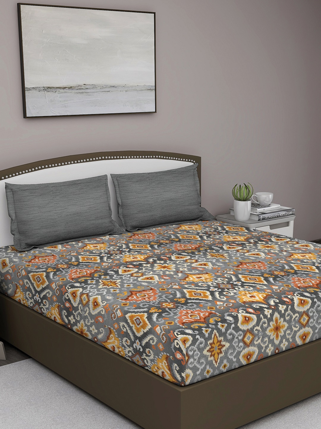 

GM Grey & Yellow Ethnic Motifs 210 TC Cotton 1 Super King Bedsheet with 2 Pillow Covers