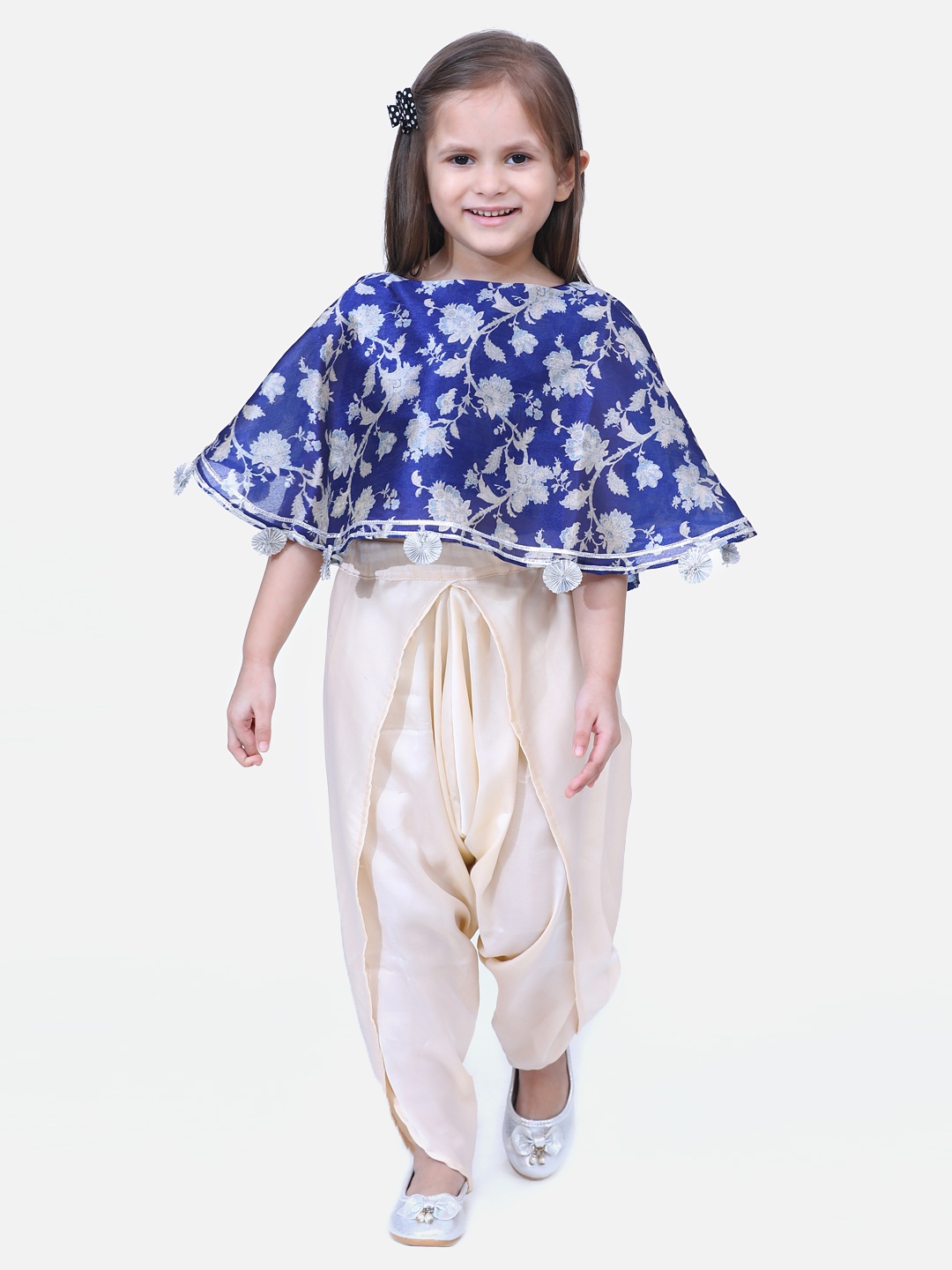 

Fairies Forever Girls Blue & Off-White Printed Cape Top with Dhoti Pants