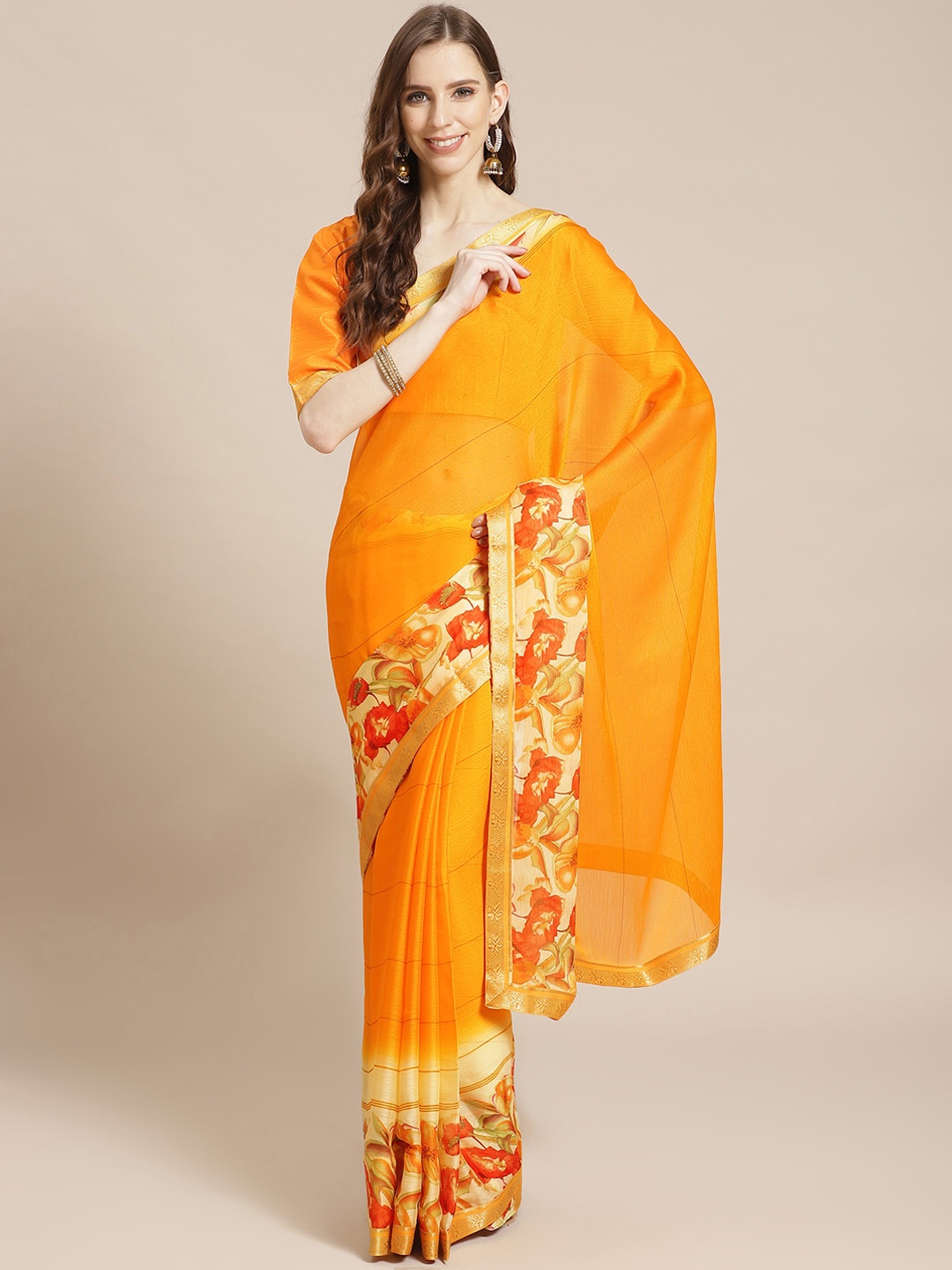 

Libas Orange Floral Print Detail Striped Saree