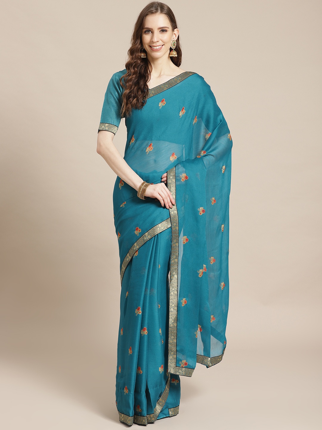 

Libas Blue & Orange Pure Chiffon Printed Saree