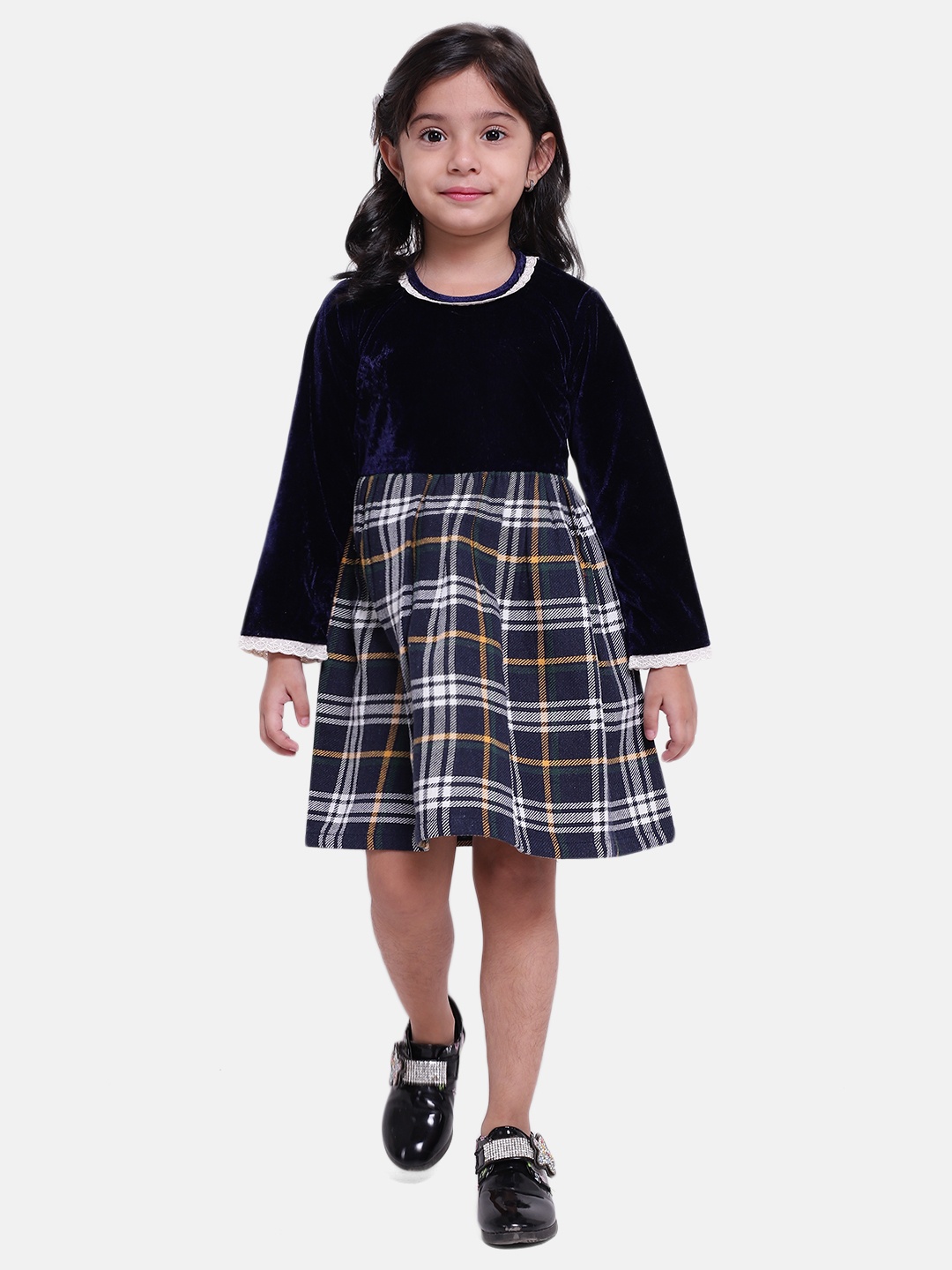 

BownBee Girls Navy Blue Checked Velvet Fit and Flare Dress