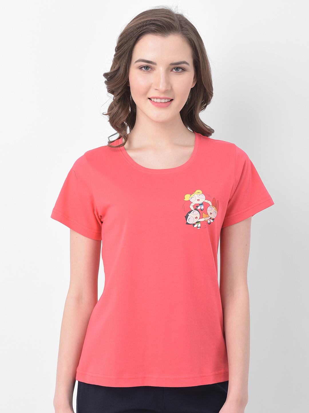

Clovia Women Coral Red Powerpuff Girls Printed Lounge T-shirt