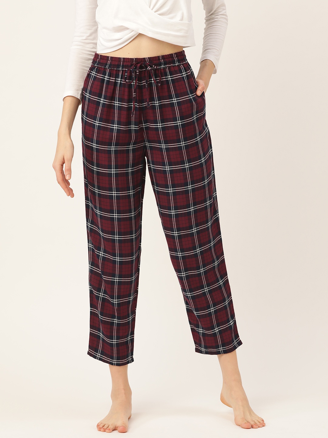 

ETC Women Burgundy & Navy Blue Checked Lounge Pants