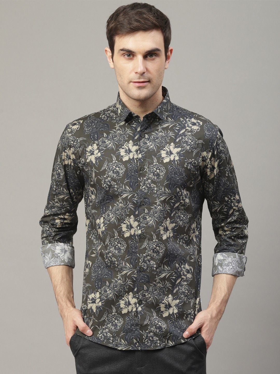 

LINDBERGH Men Green & Beige Slim Fit Floral Printed Casual Shirt