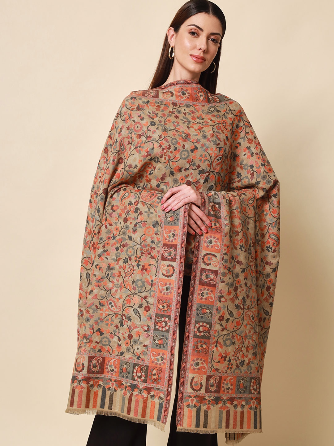 

Pashmoda Women Beige & Orange Woven Design Woolen Shawl