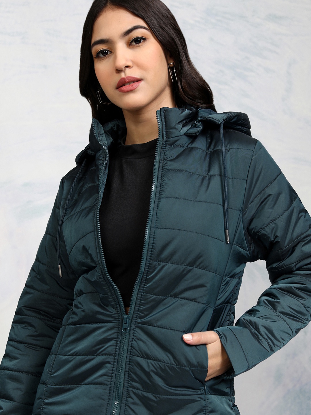 

Tokyo Talkies Solid Detachable Hood Padded Jacket, Green