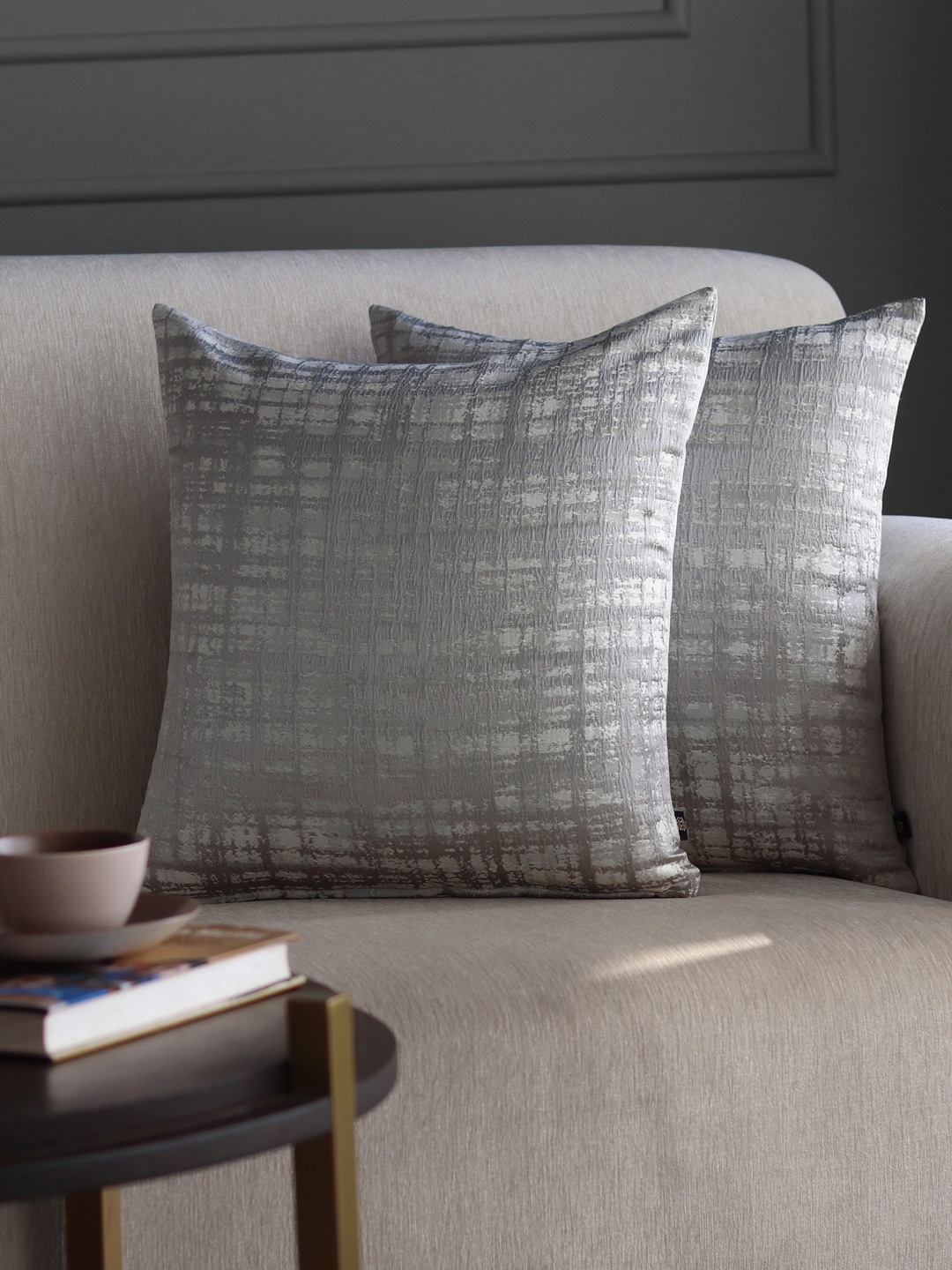 

GM Unisex Set Of 2 Grey Self-Design Square Velvet Cushion Covers