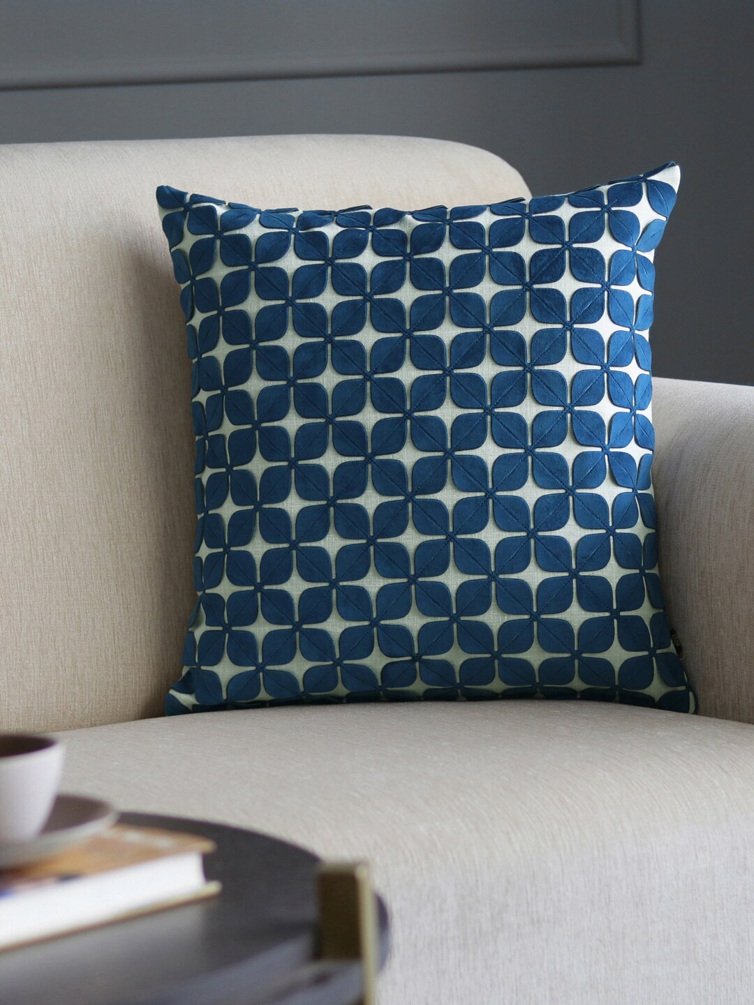 

GM Blue & White Floral Applique Single Square Velvet Cushion Covers