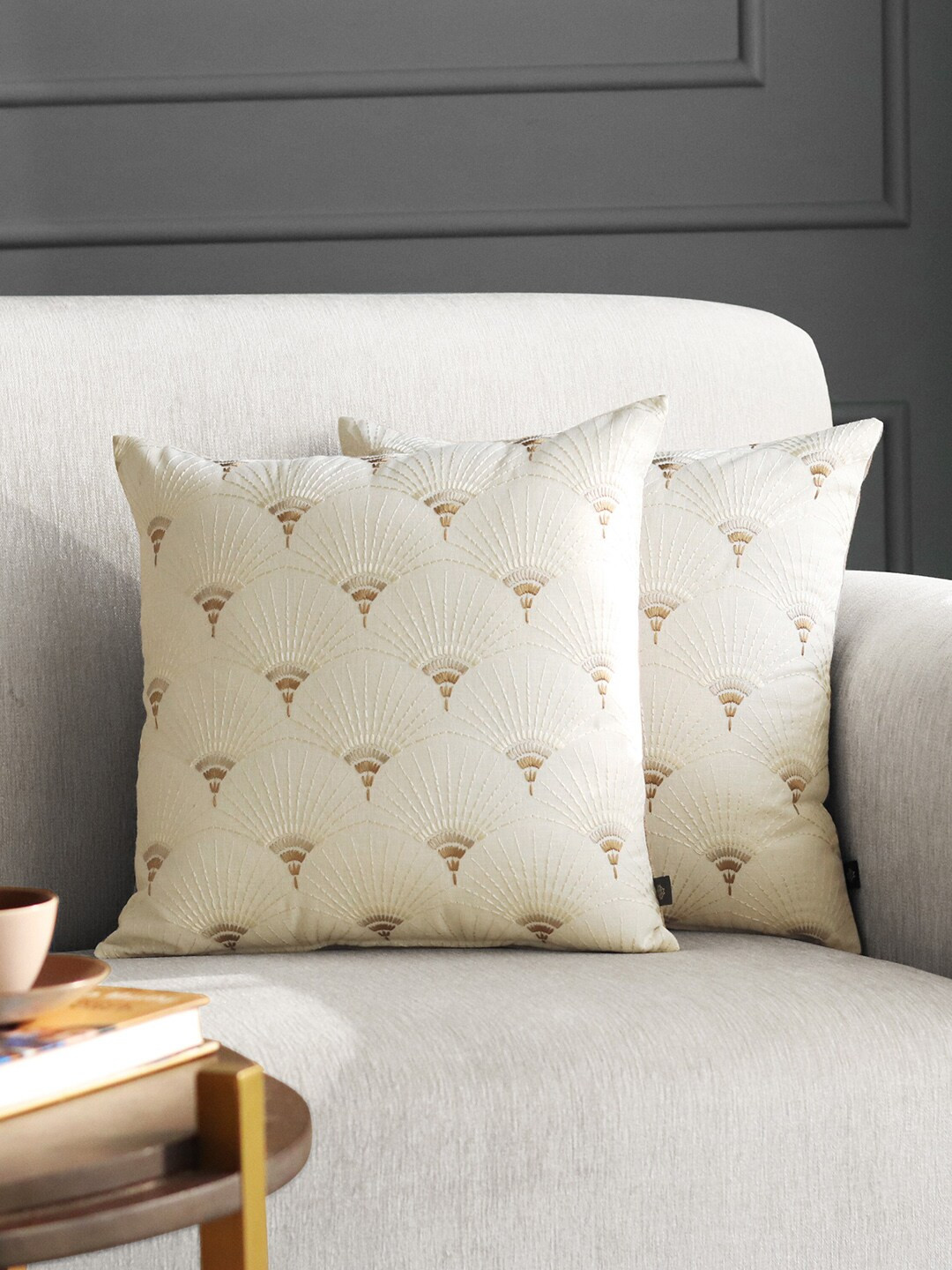 

GM Set Of 2 Off-White & Brown Embroidered Square Cushion Covers