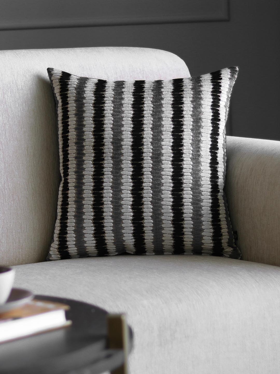 

GM Black & Beige Striped Velvet Square Cushion Cover