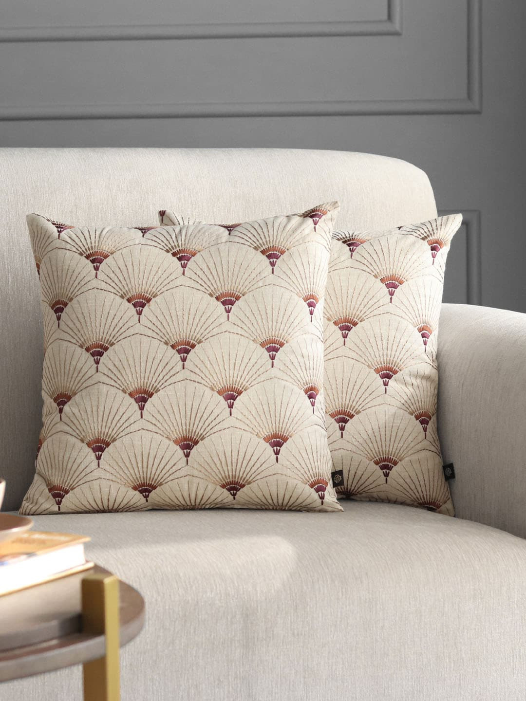 

GM Set Of 2 Off-White & Purple Floral Embroidered Square Cushion Covers