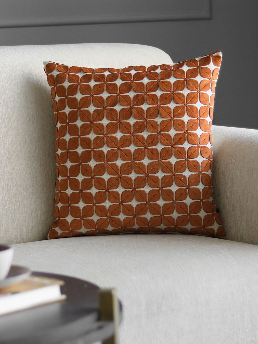 

GM Orange Velvet Leaf Applique Square Cushion Cover