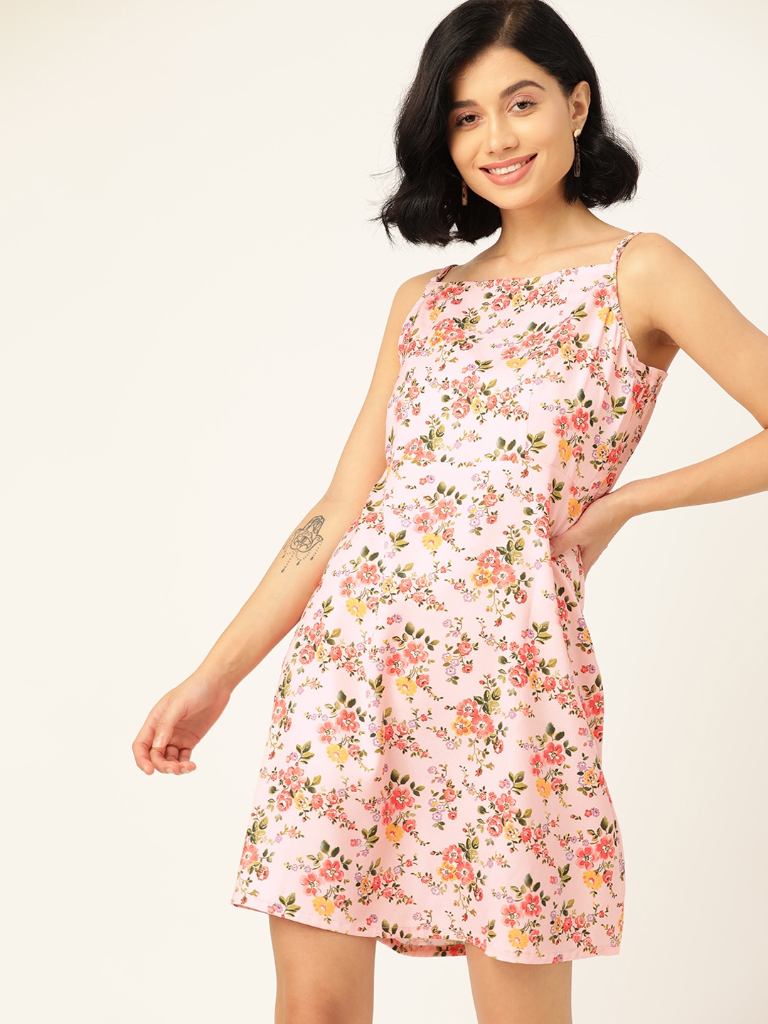 

DressBerry Women Peach-Coloured & Green Floral Print A-Line Dress