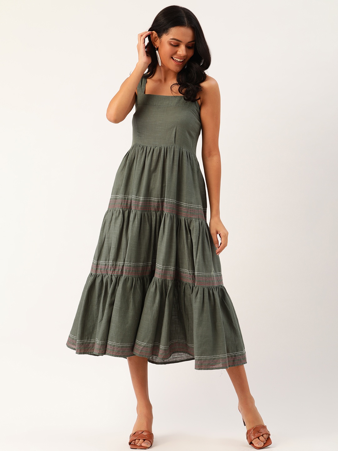 

DressBerry Women Olive Green Solid Tiered A-Line Dress