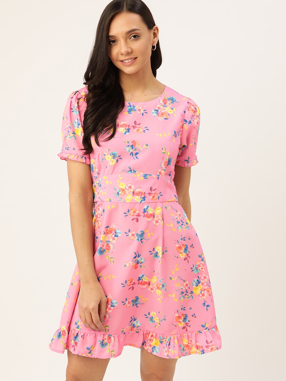 

DressBerry Women Pink & Blue Floral Print A-Line Dress