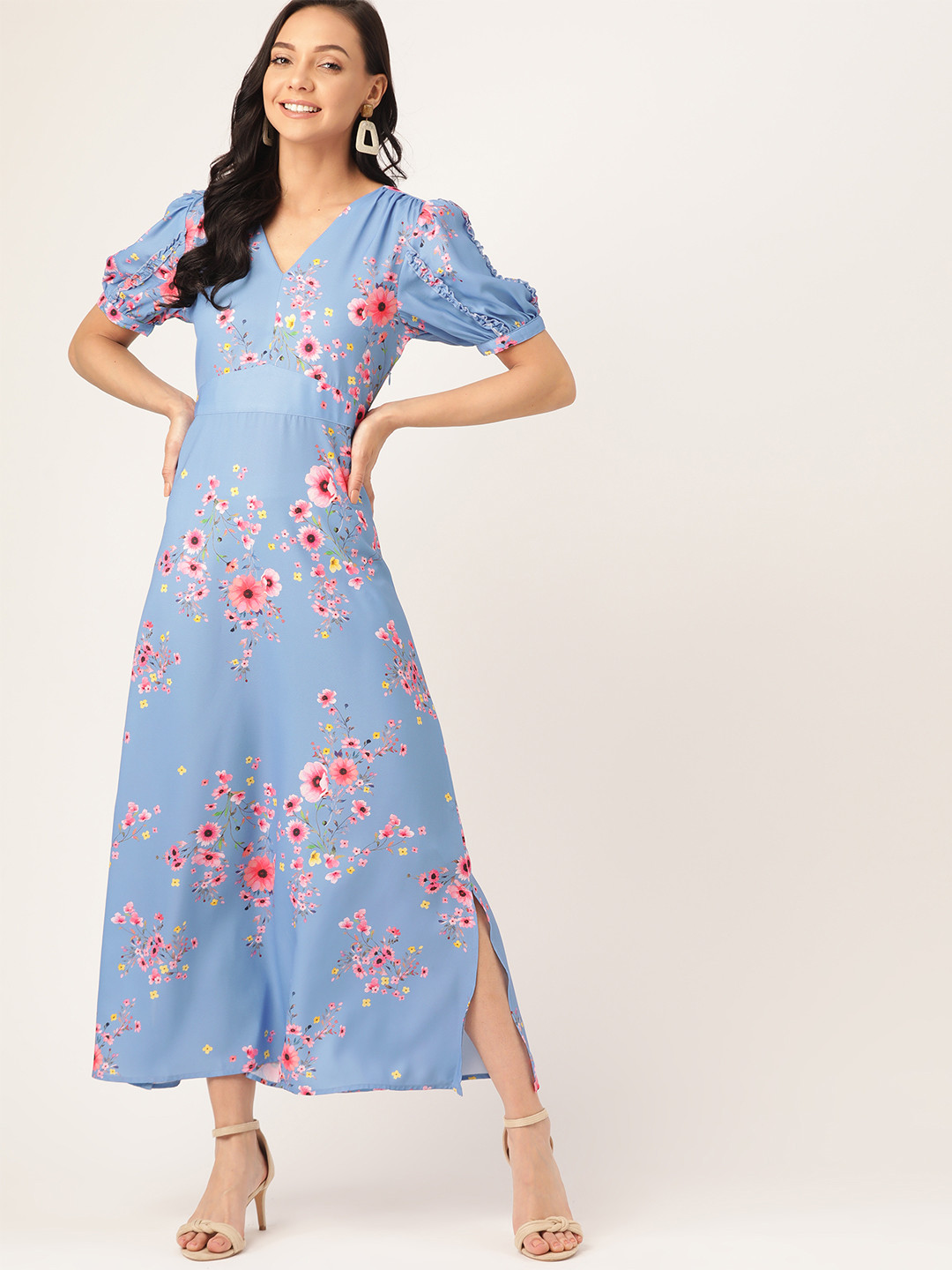 

DressBerry Women Blue & Pink Floral Printed Puff Sleeves Maxi Dress