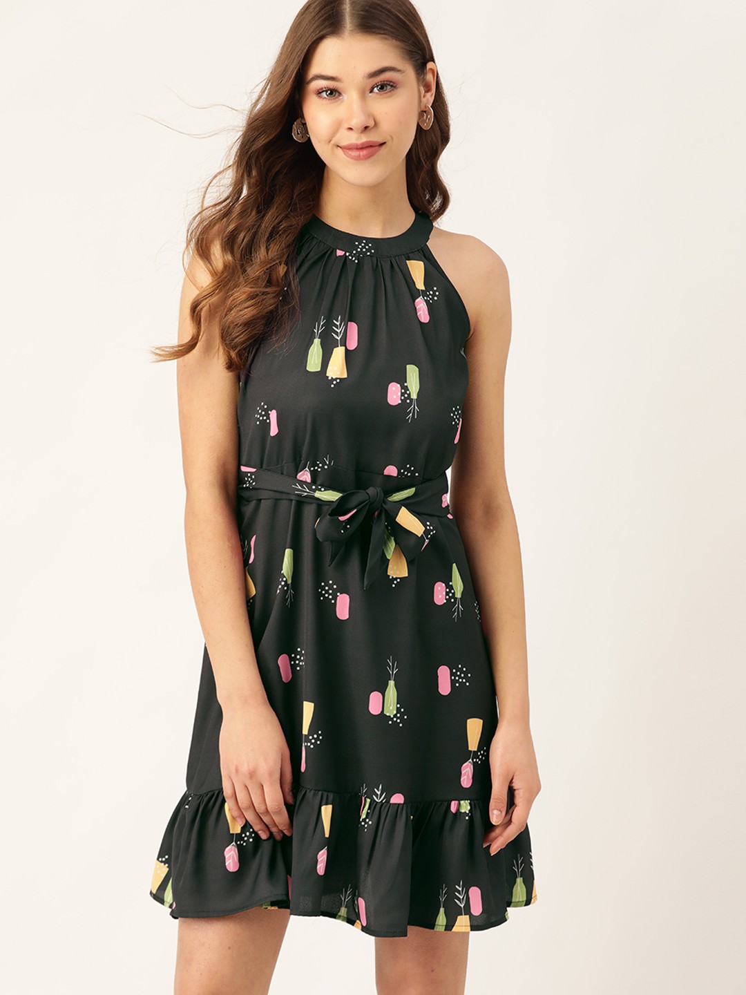 

DressBerry Women Black & Yellow Quirky Printed Fit and Flare Dress