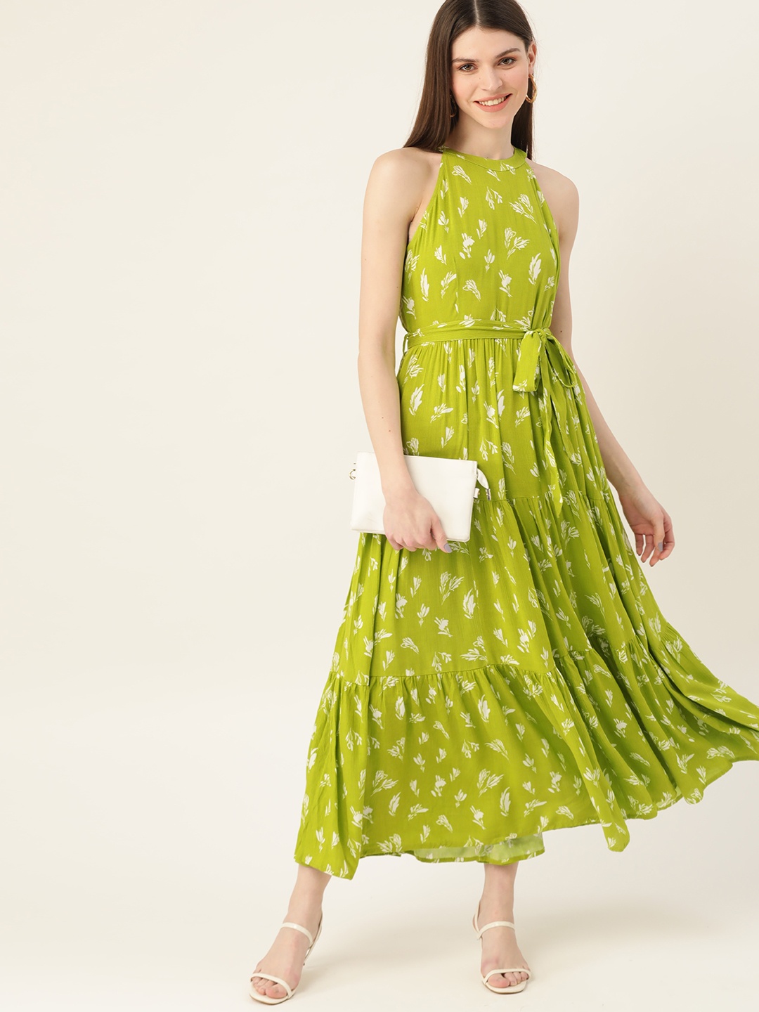 

DressBerry Women Green & Off-White Printed Tiered Maxi Sustainable ECOVERO Dress