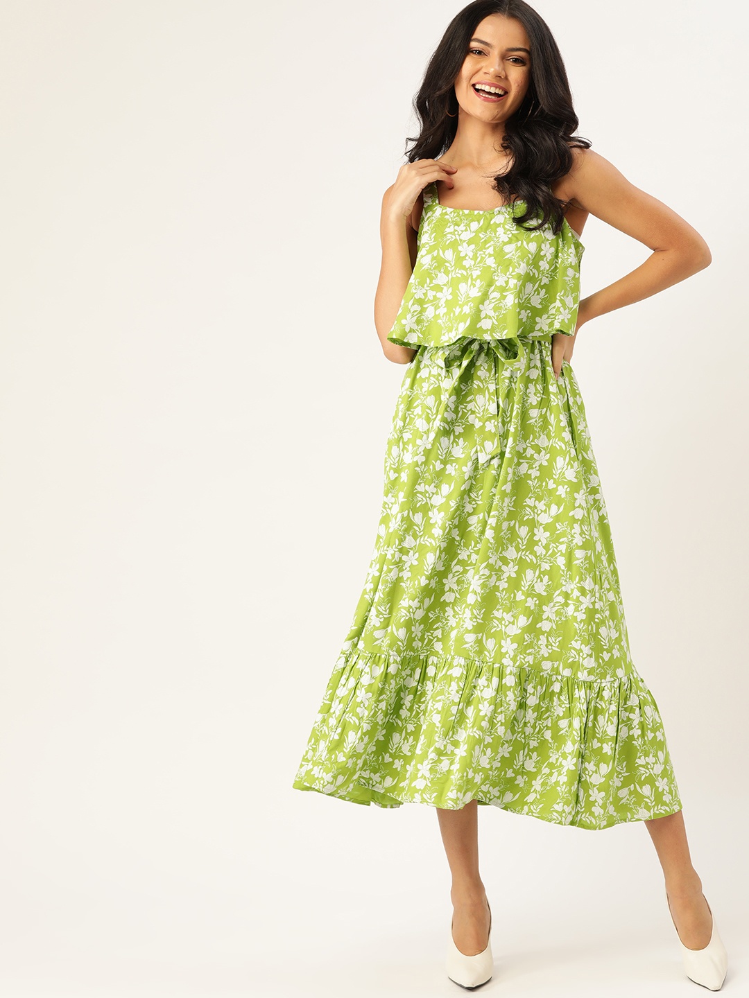 

DressBerry Green & White Sustainable Floral Layered A-Line Midi Dress