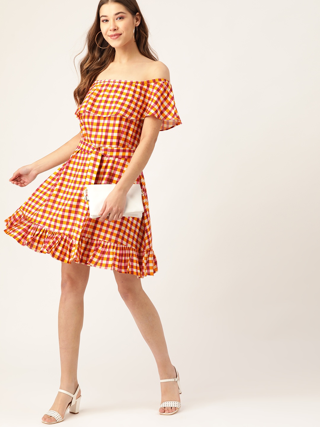 

DressBerry Women Yellow & Pink Checked Off-Shoulder A-Line Sustainable ECOVERO Dress