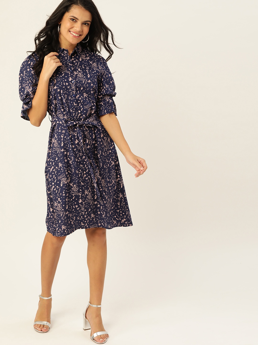 

DressBerry Women Navy Blue & Pink Printed Shirt Sustainable ECOVERO Dress