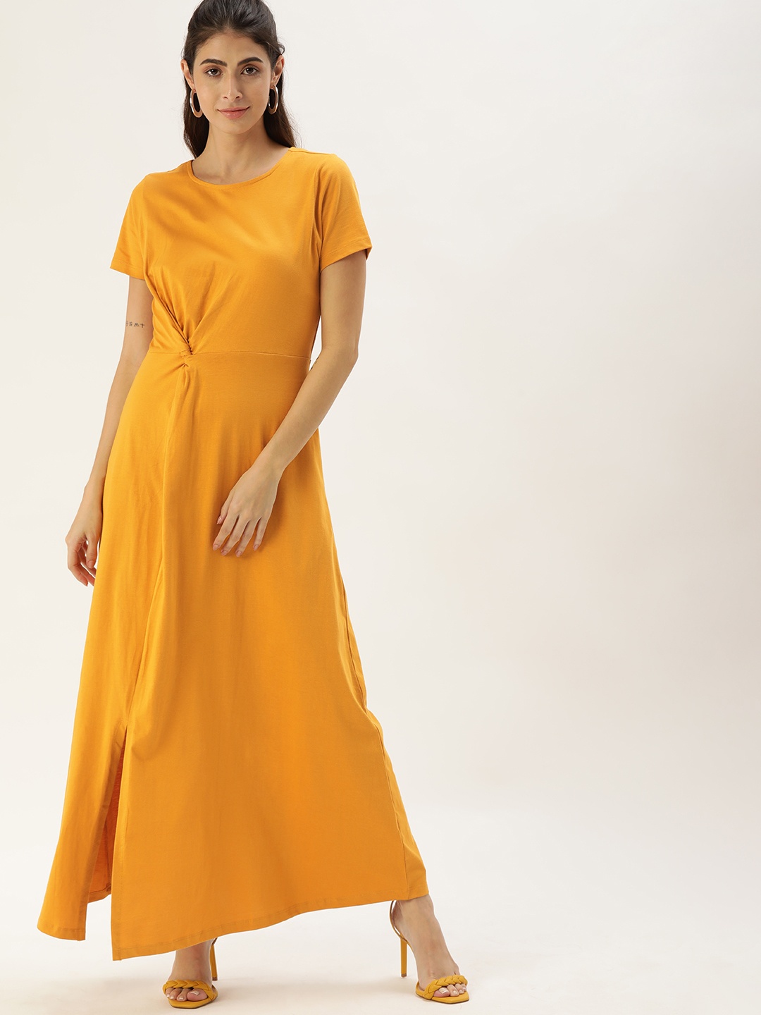 

DressBerry Women Mustard Yellow Solid Pure Cotton A-Line Midi Dress