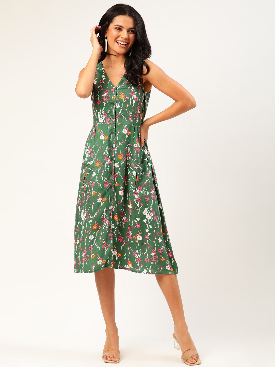 

DressBerry Women Green & Pink Printed A-Line Sustainable ECOVERO Dress