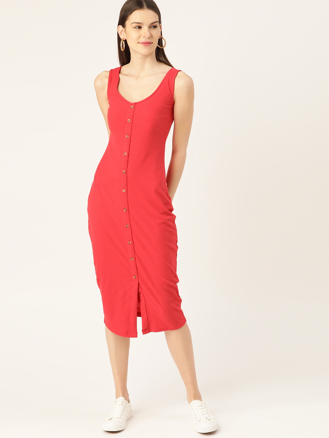 

DressBerry Women Coral Pink Ribbed Solid Sheath Dress