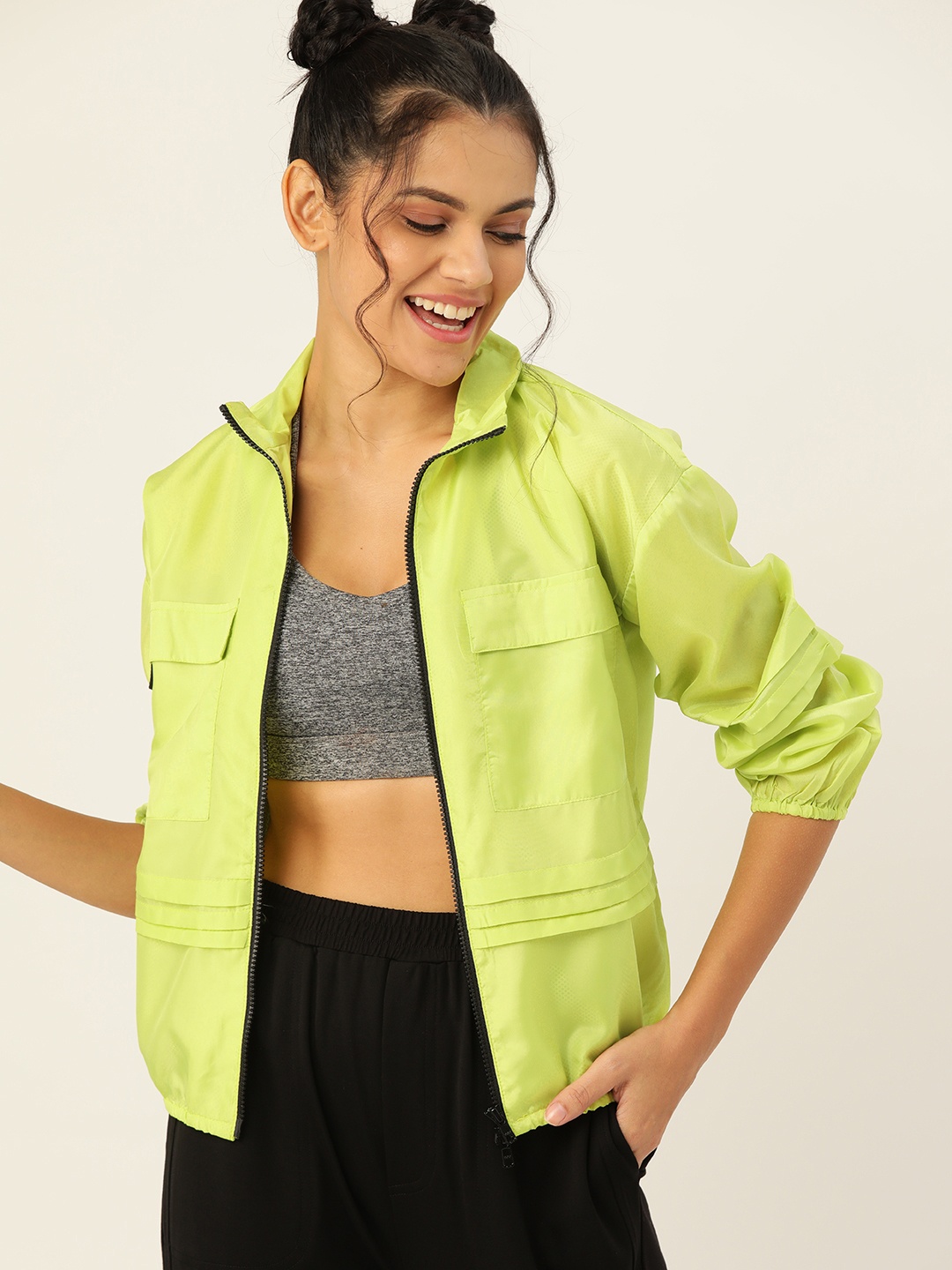 

DressBerry Women Fluorescent Green Solid Lightweight Sporty Jacket