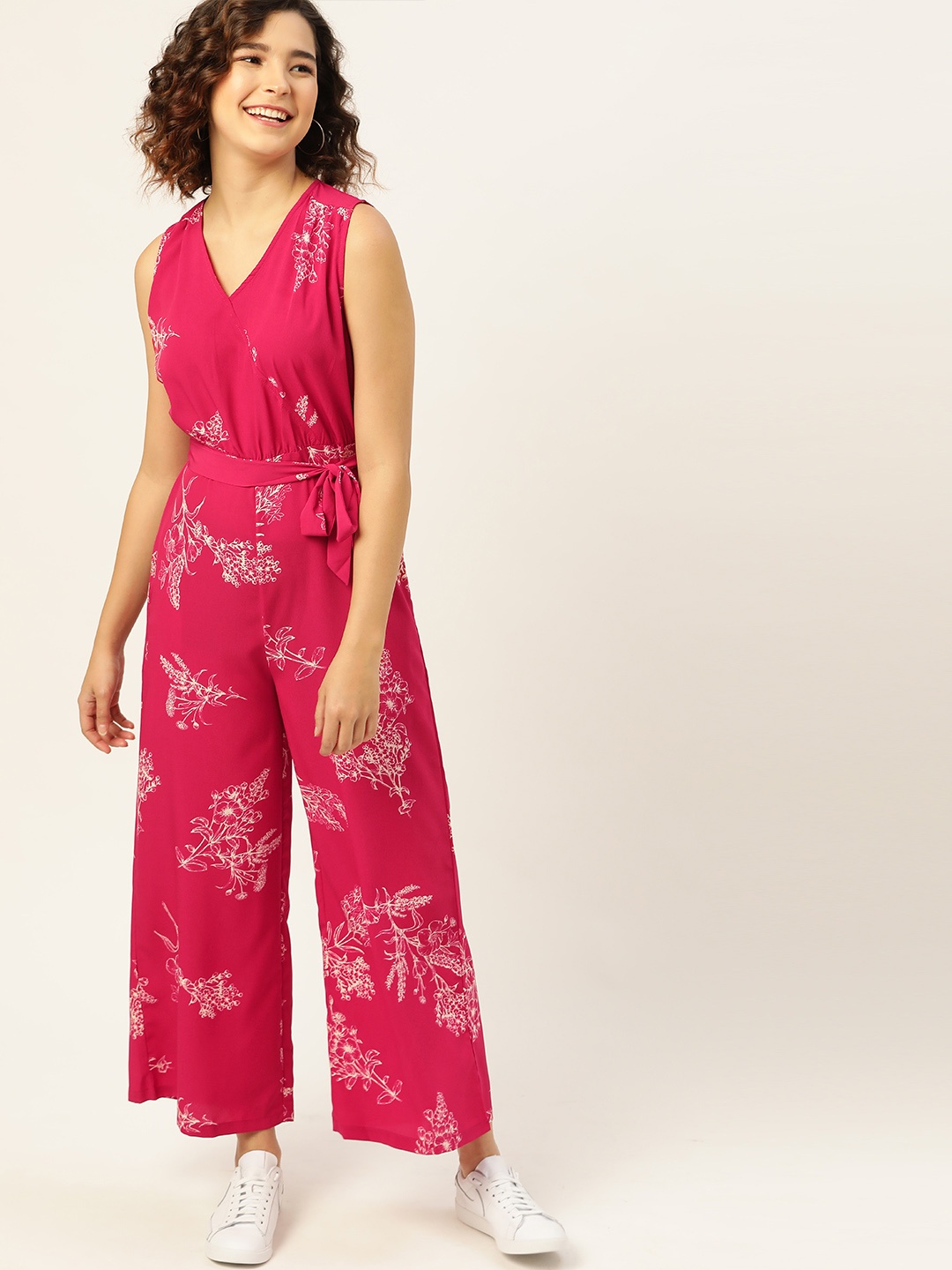 DressBerry Women Magenta & White Floral Printed Basic Jumpsuit
