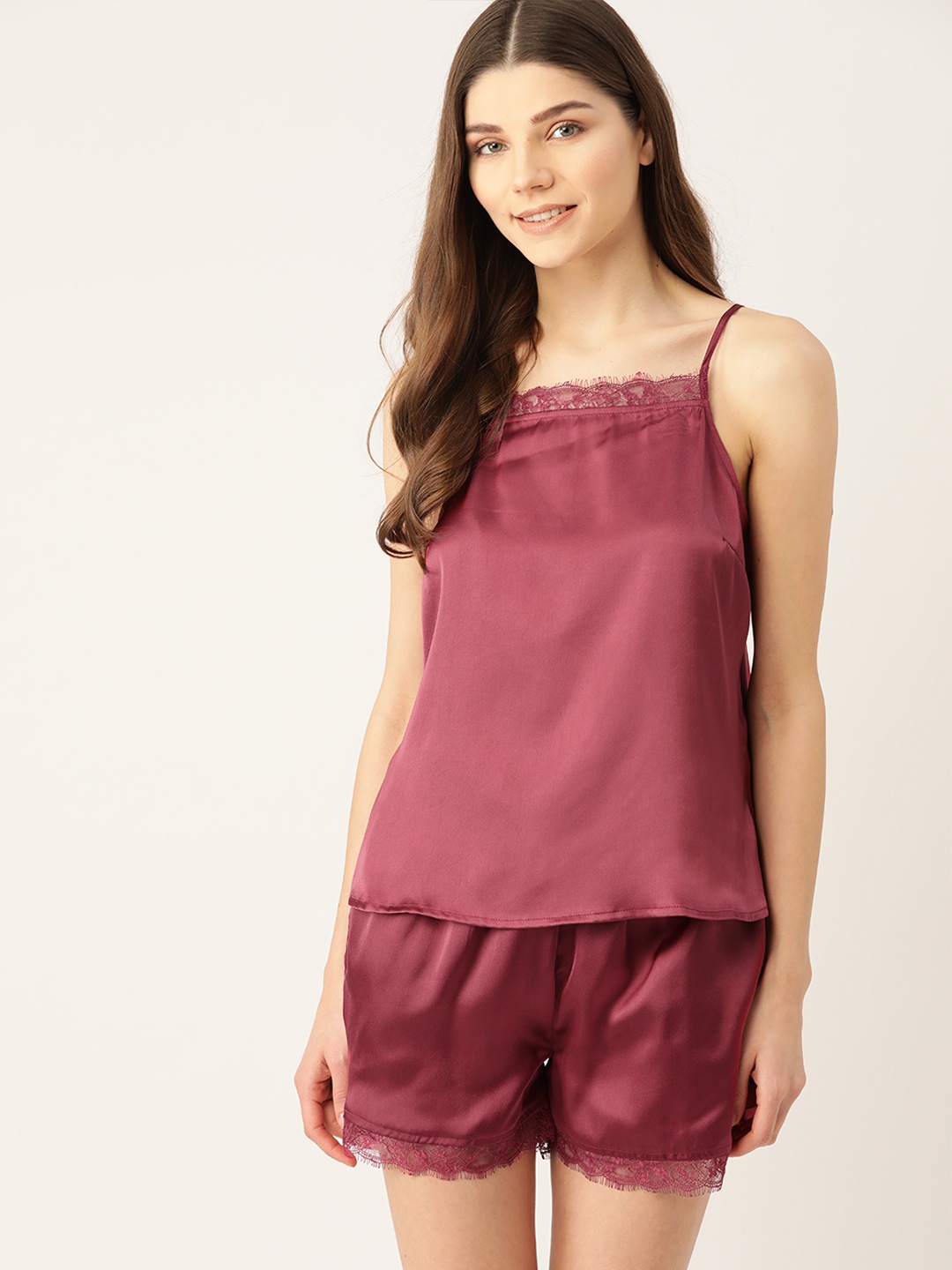 

DressBerry Women Maroon Solid Night Suit With Satin Finish