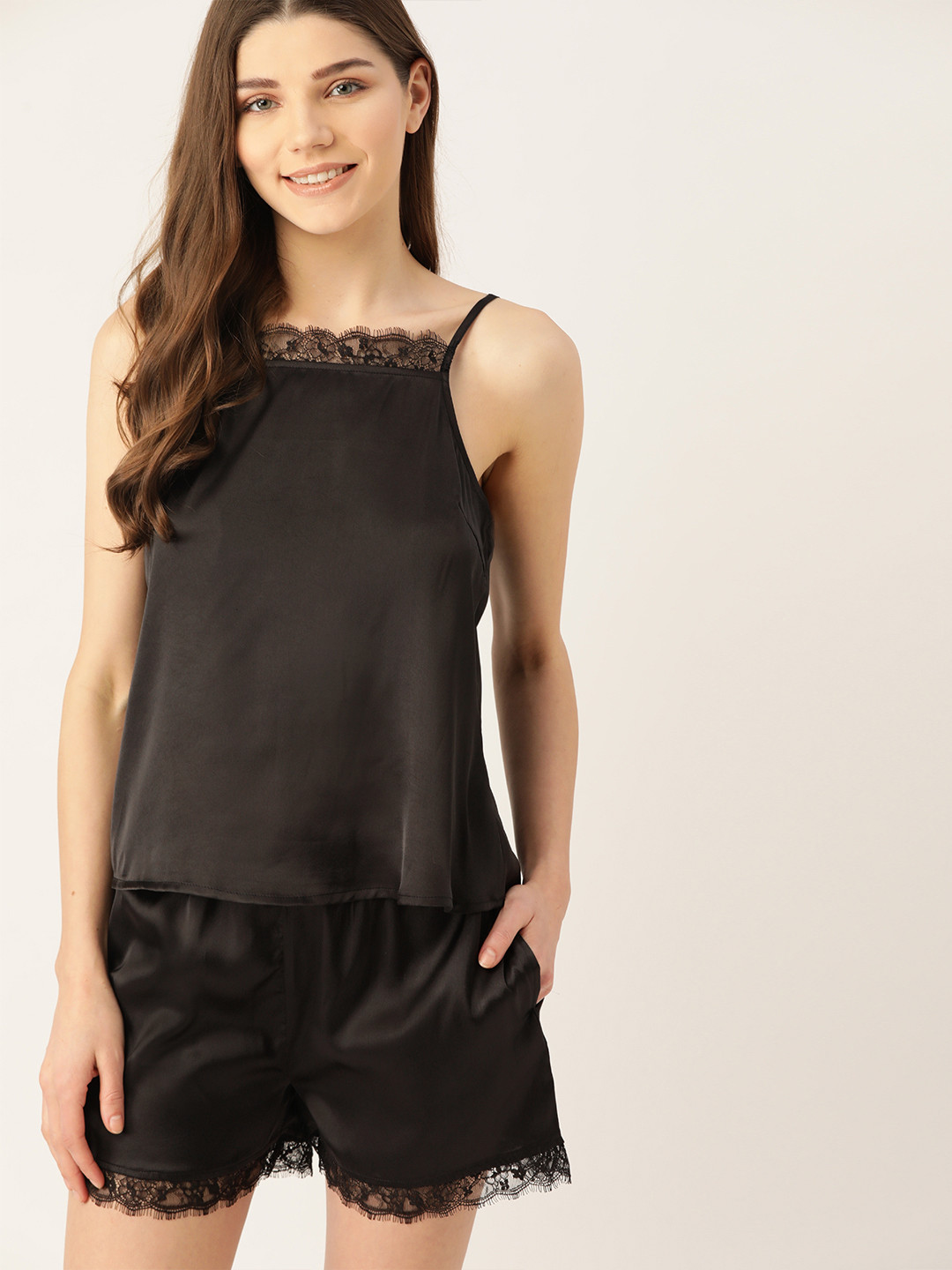 

DressBerry Women Black Solid Night Suit With Satin Finish