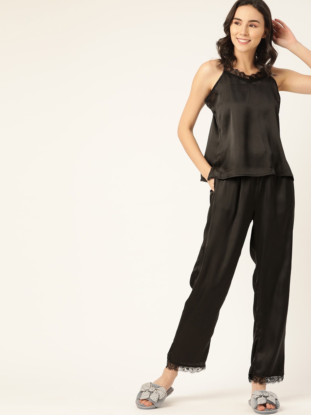 

DressBerry Women Black Solid Satin Night suit