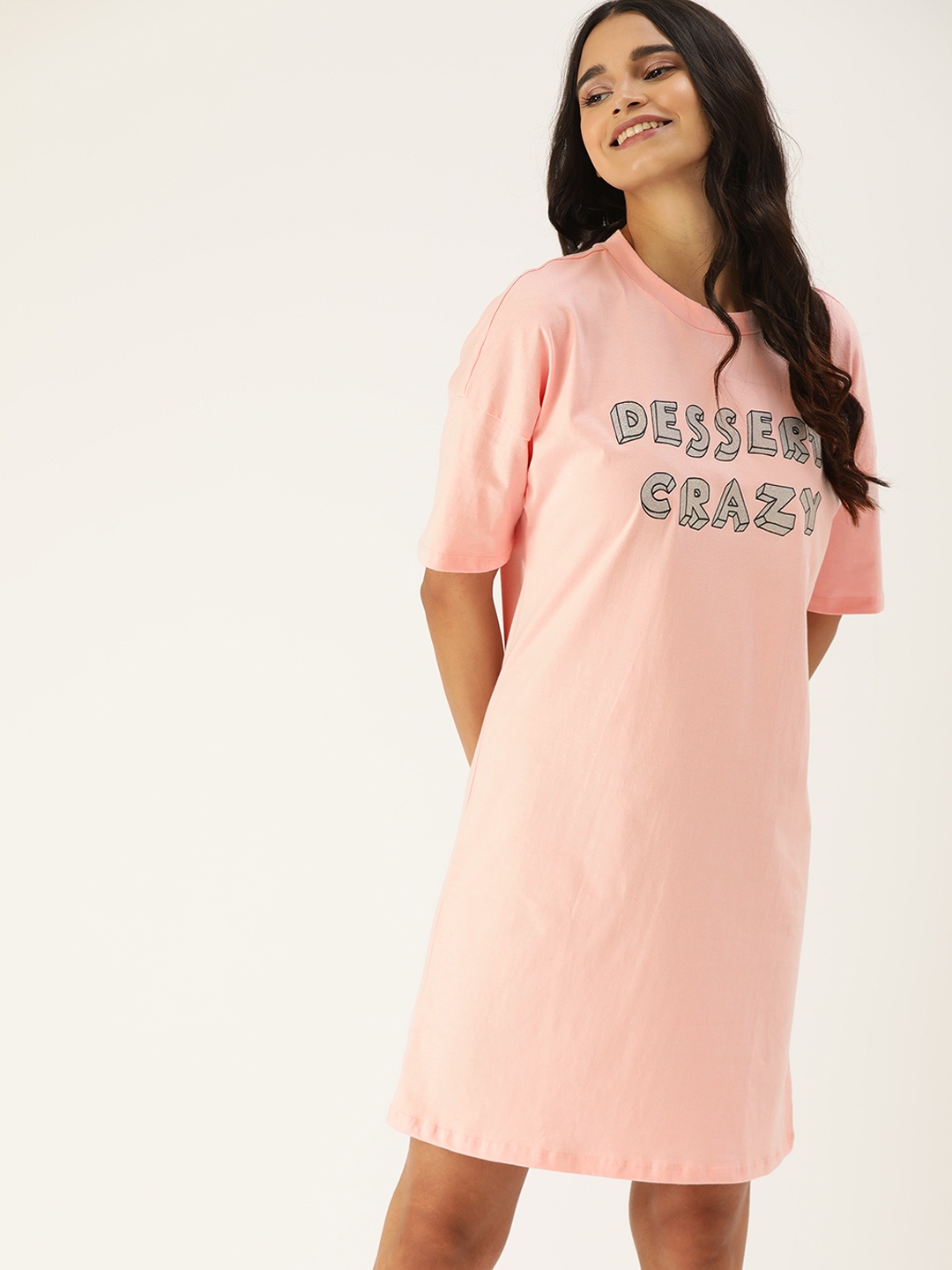 

DressBerry Women Pink & Silver Pure Cotton Printed Above Knee Length Nightdress