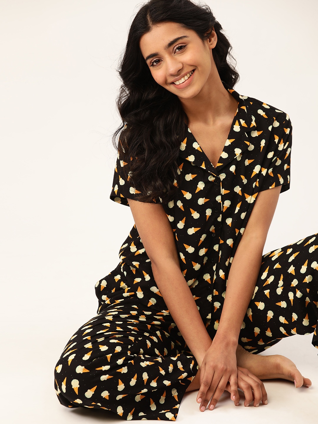

DressBerry Women Black & Beige Printed Sustainable ECOVERO Night suit