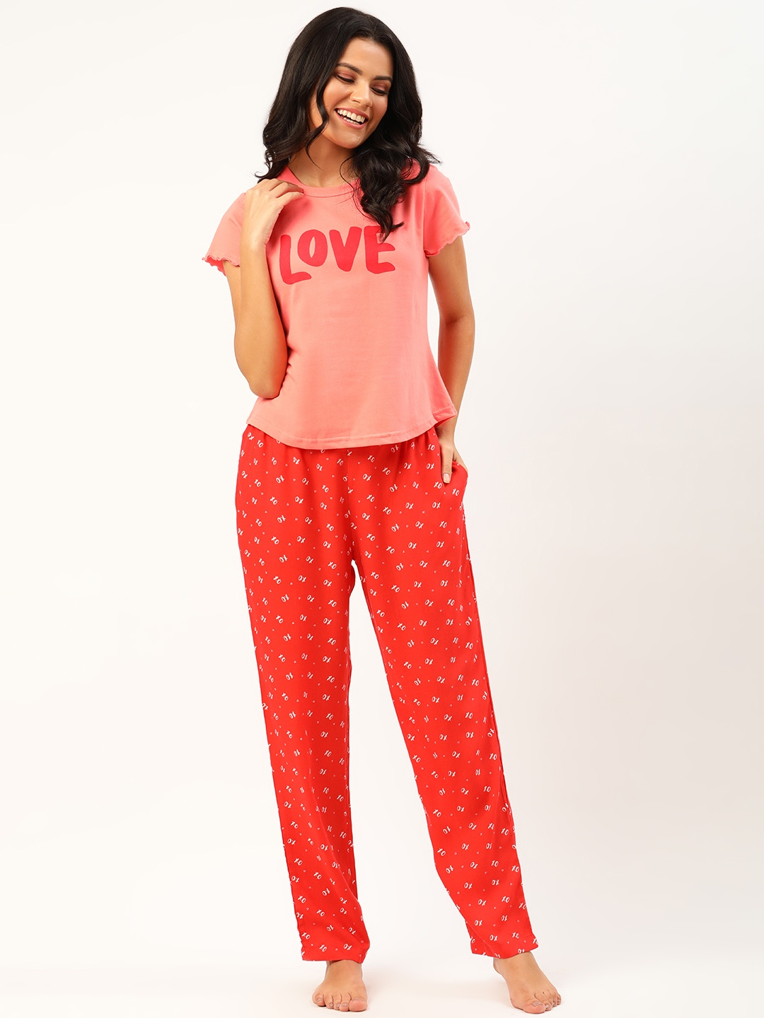 

DressBerry Women Pink & Red Printed Night suit