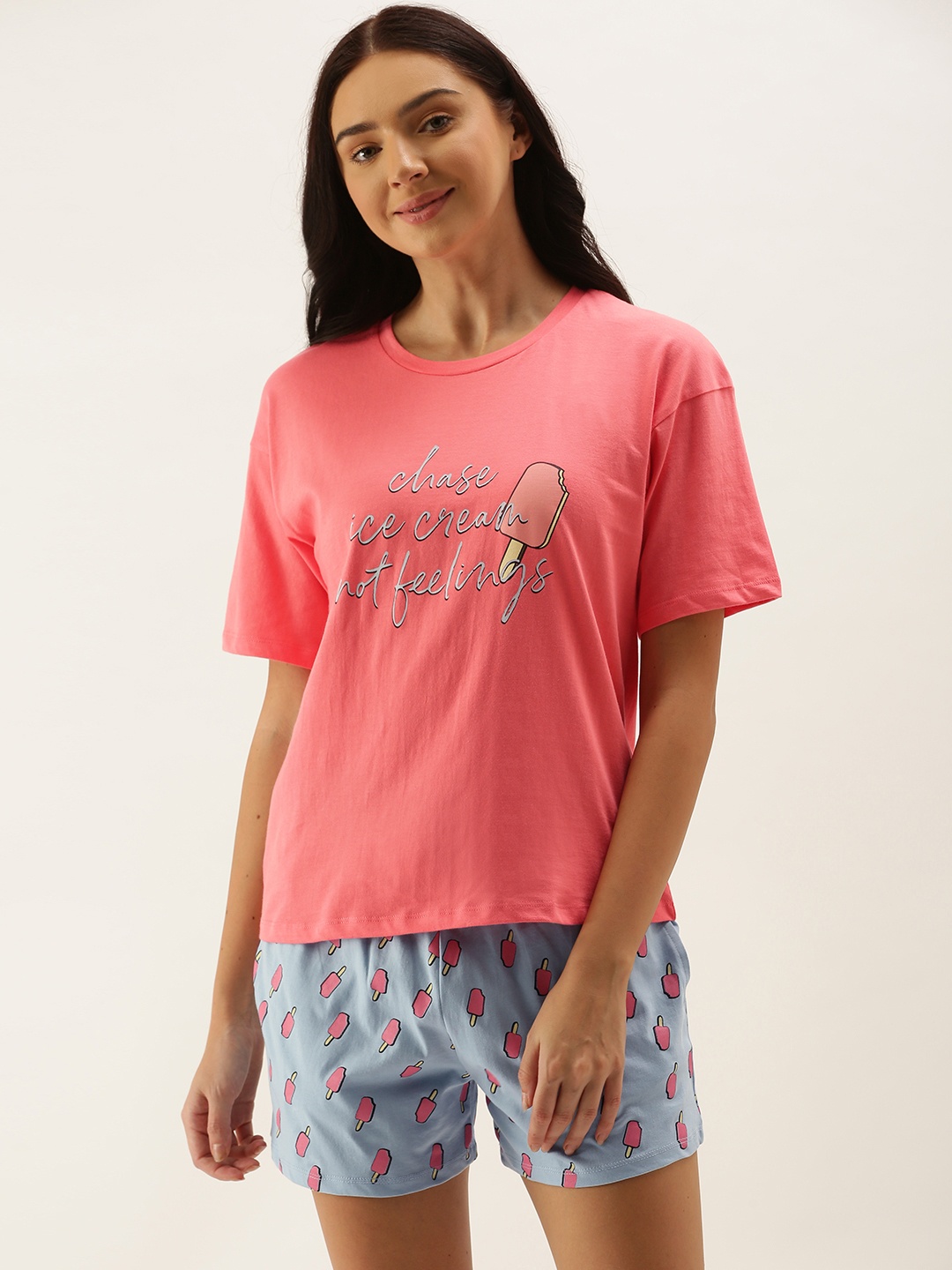 

DressBerry Women Pink & Blue Printed Night suit