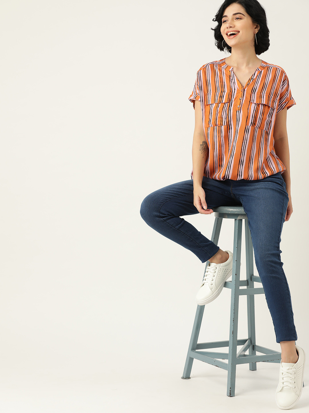 

DressBerry Orange & Black Sustainable Striped Mandarin Collar Extended Sleeves Regular Top