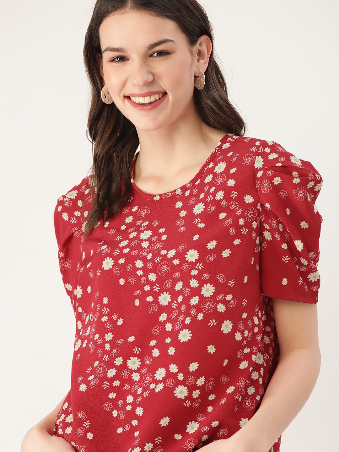 

DressBerry Women Maroon & Off-White Floral Print Top