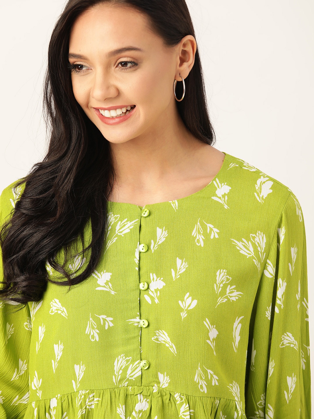 

DressBerry Sustainable ECOVERO Women Green & White Printed High-low Top
