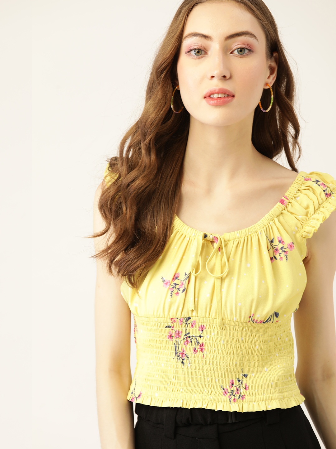

DressBerry Yellow & Pink Floral Print Smocked Empire Crop Top