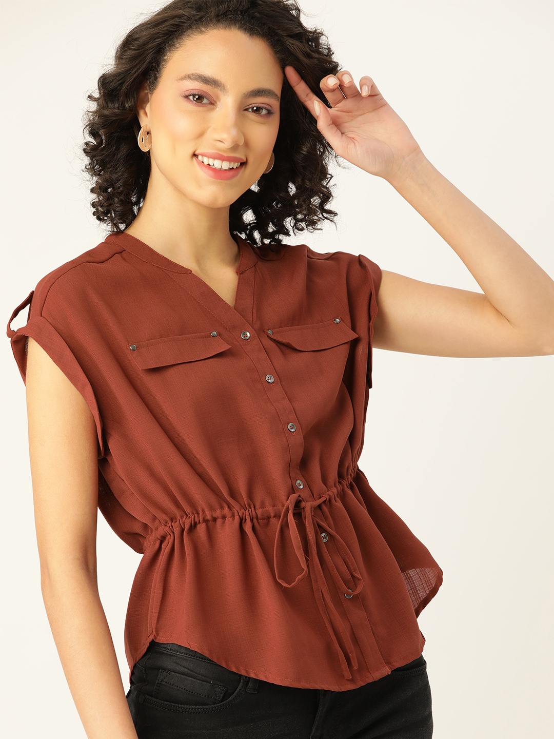 

DressBerry Women Rust Red Solid Cinched Waist Top